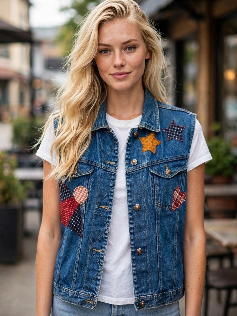 Women’s Blue Denim Patchwork Vest -